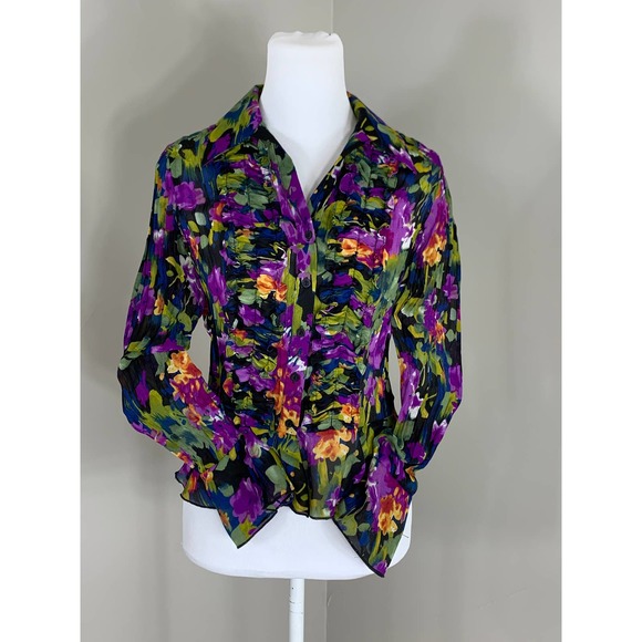 Vintage 90s Y2k Dark Floral Crinkle Blouse GlamRock Bold Peplum Indie Goth Punk - Picture 3 of 11